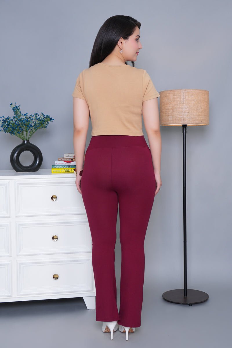 Wine stretchable biowash cotton lycra flare legging with superior elastic belt. -Cotton flare