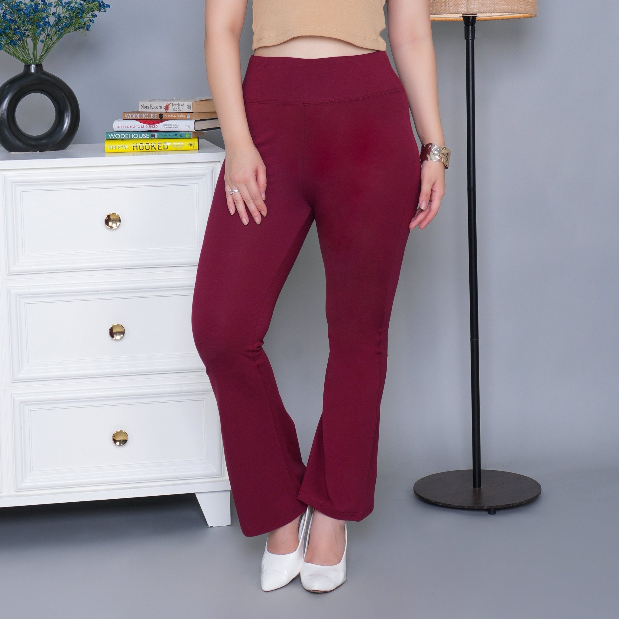 Wine stretchable biowash cotton lycra flare legging with superior elastic belt. - Cotton flare