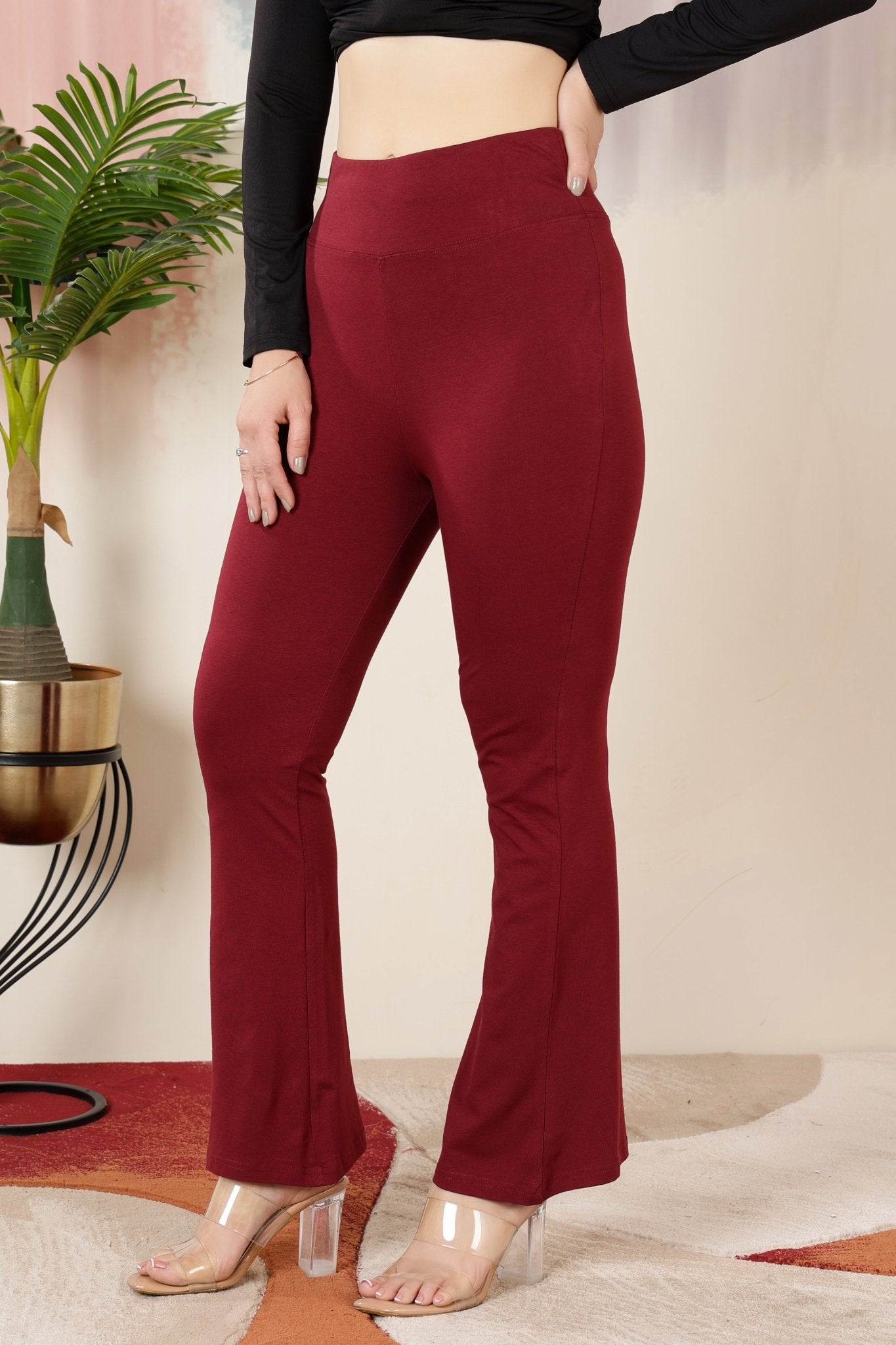 Wine stretchable biowash premium cotton lycra flare legging with superior elastic belt. -Cotton flare