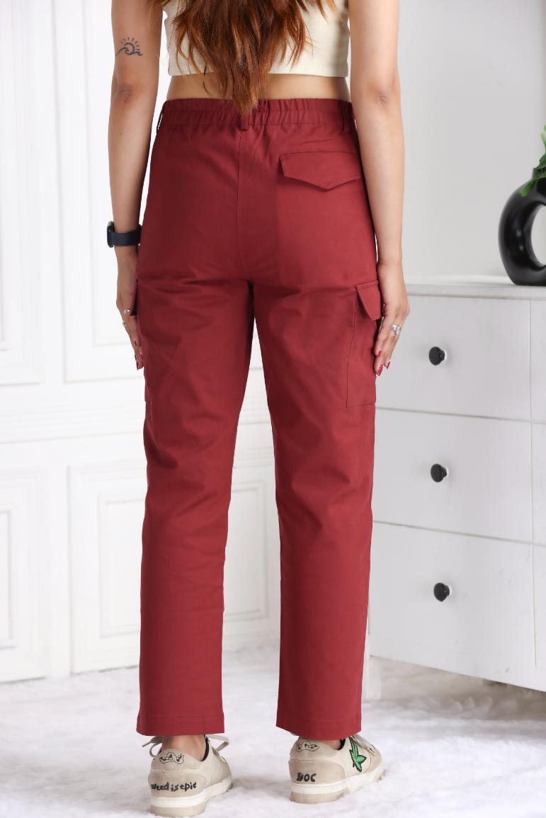 Wine stretchable biowash USA HQ cotton travel cargo pant with superior elastic belt. - Travel Cargo Pants