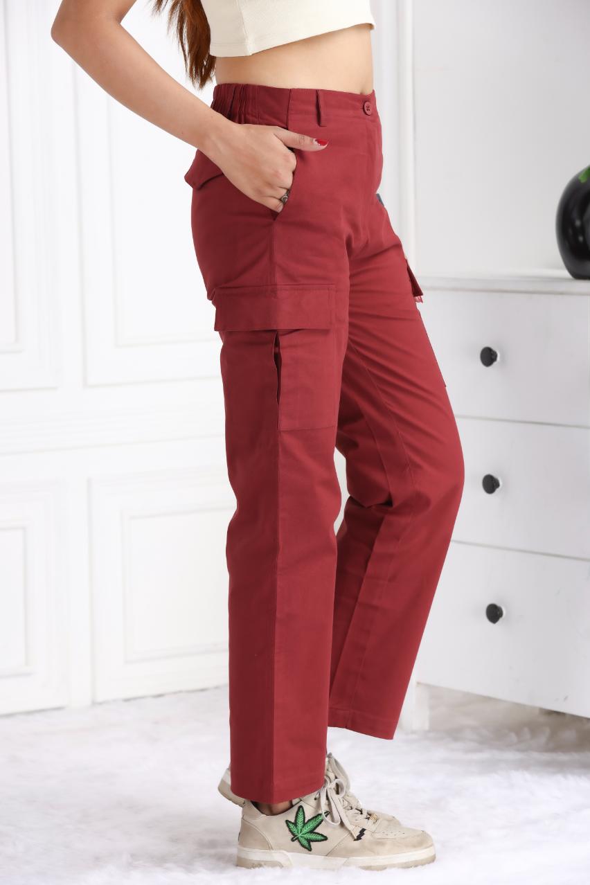 Wine stretchable biowash USA HQ cotton travel cargo pant with superior elastic belt. - Travel Cargo Pants