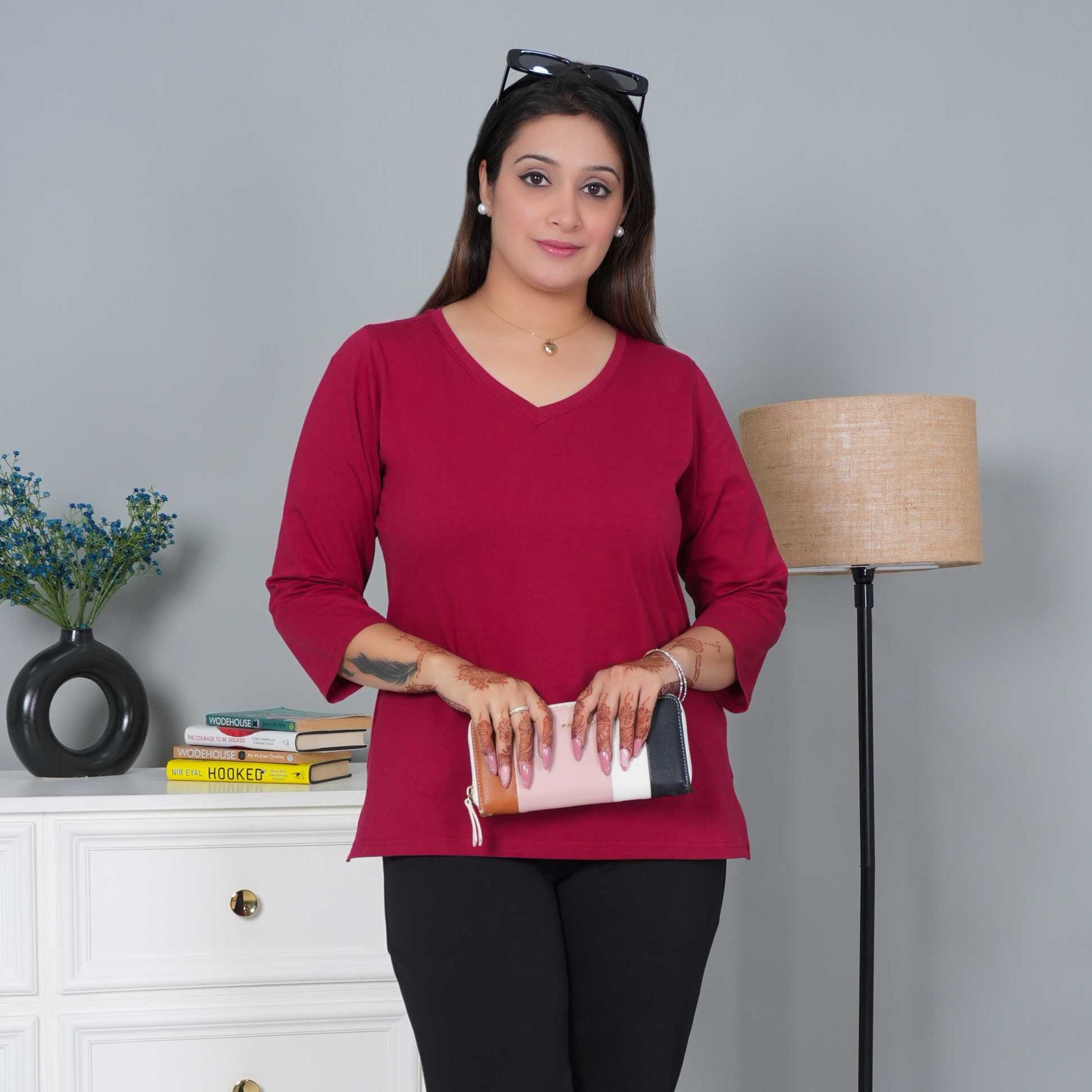 Wine V - neck cotton 3/4 sleeve t-shirt - Full sleeve v neck cotton t shirt