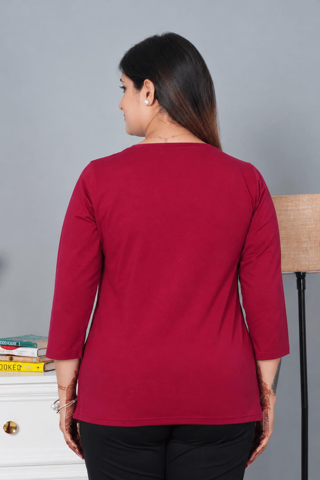 Wine V-neck cotton 3/4 sleeve t-shirt -Full sleeve v neck cotton t shirt
