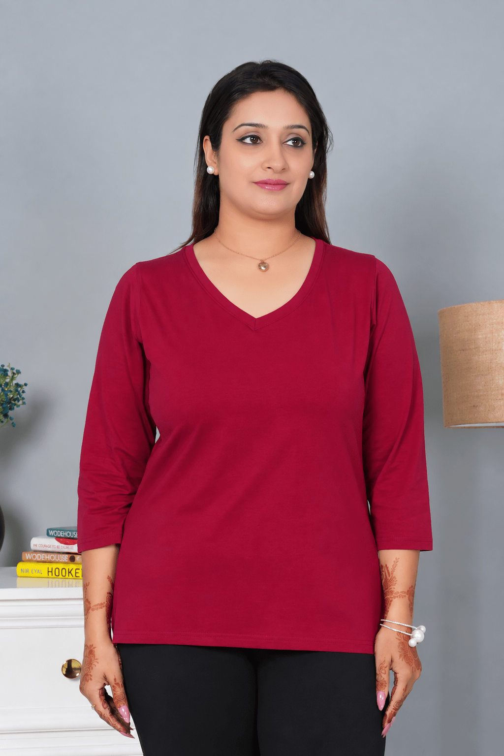 Wine V-neck cotton 3/4 sleeve t-shirt -Full sleeve v neck cotton t shirt