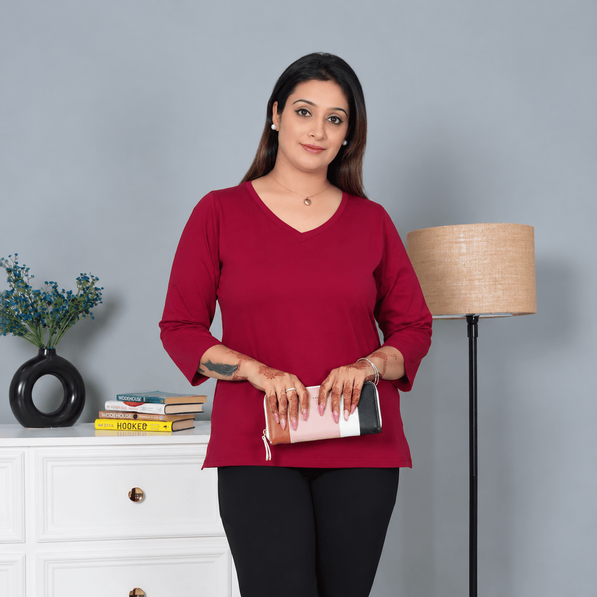 Wine V-neck cotton 3/4 sleeve t-shirt -Full sleeve v neck cotton t shirt