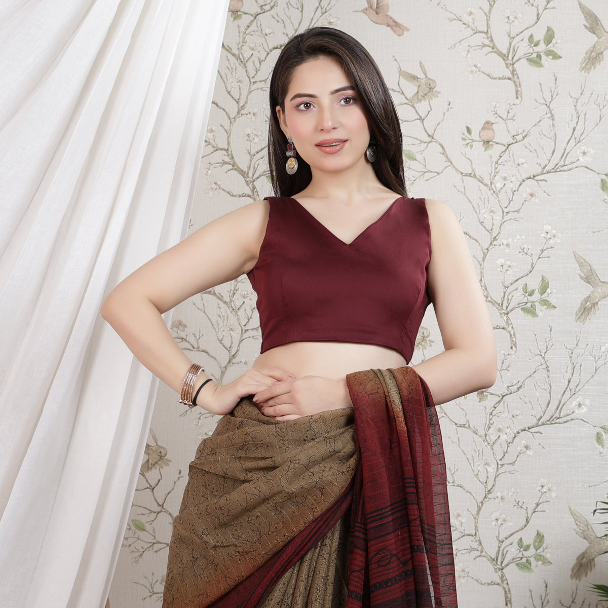 Wine v neck cotton blouse made from premium cotton -Blouse