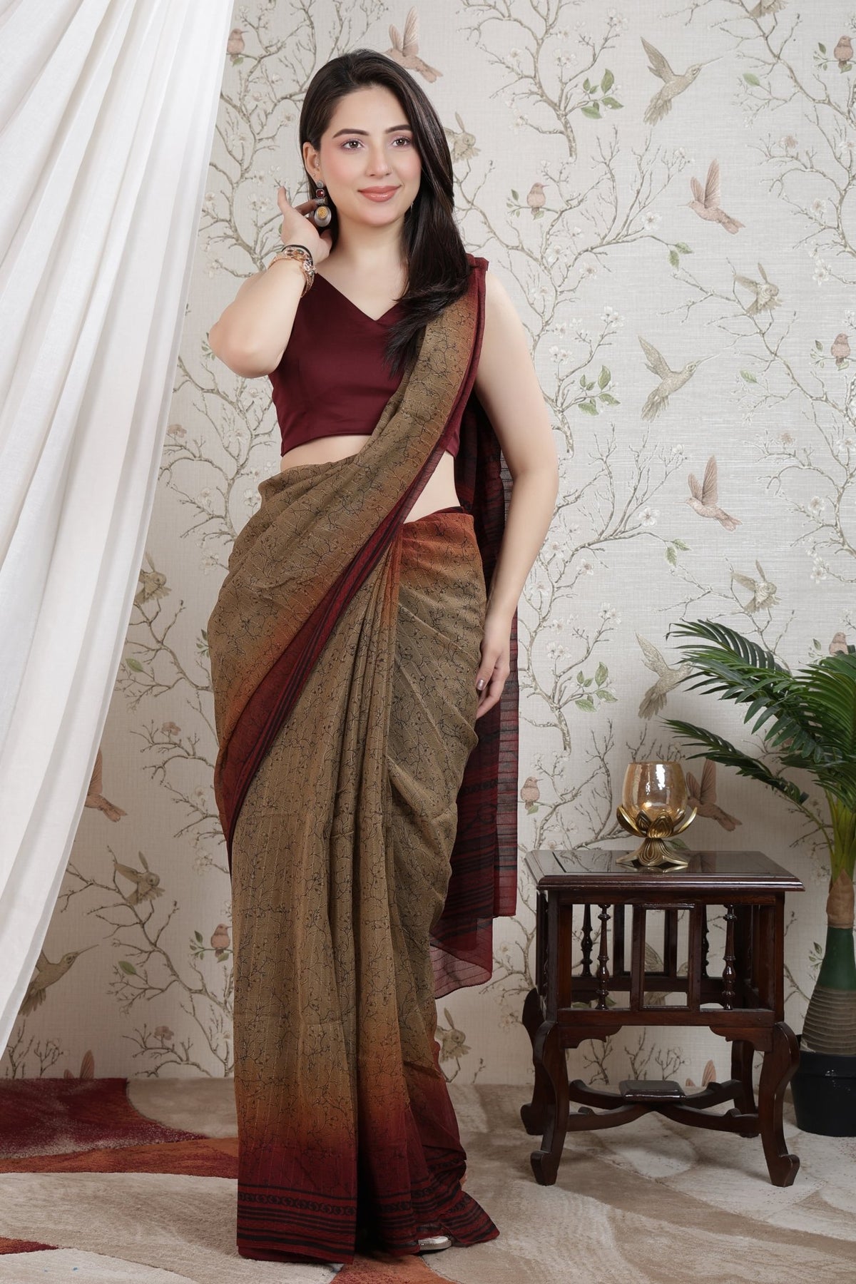 Wine v neck cotton blouse made from premium cotton -Blouse
