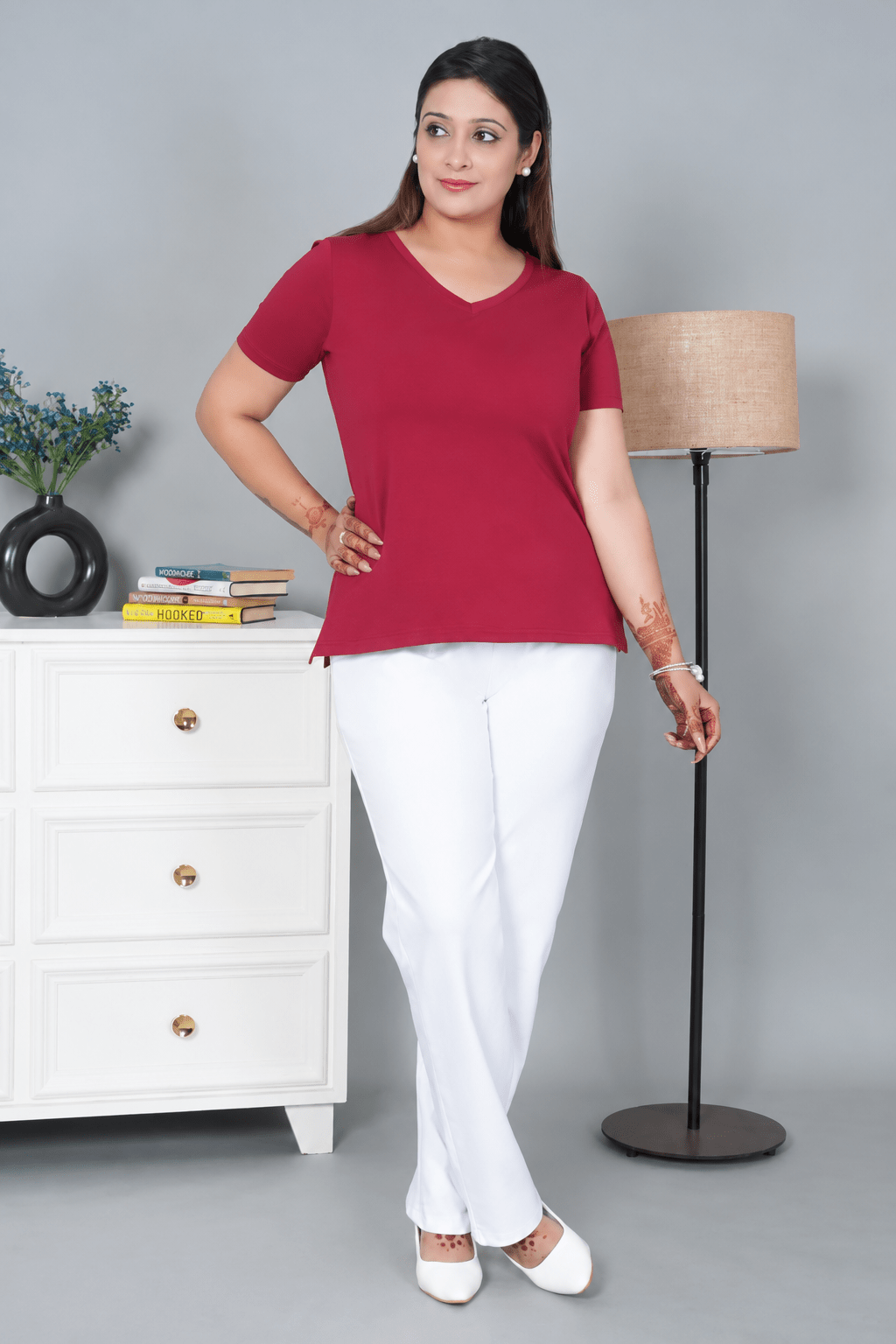 Wine V-neck half-sleeve cotton lycra t-shirt -Cotton half sleeve v neck t-shirt