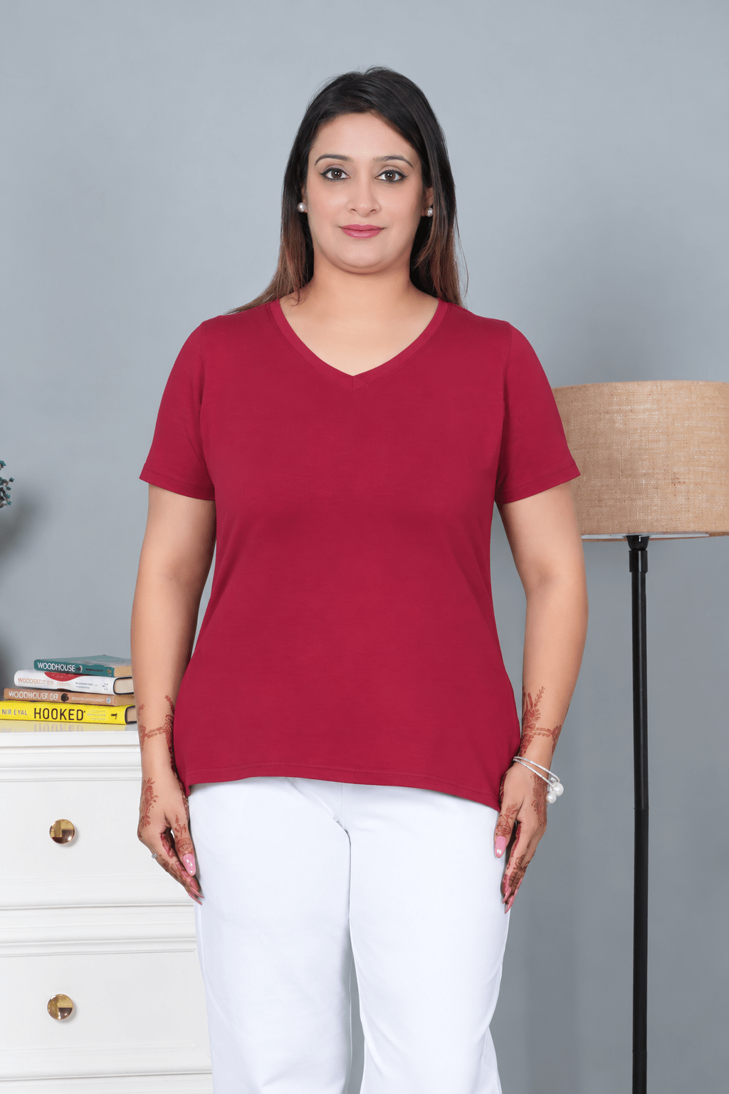 Wine V-neck half-sleeve cotton lycra t-shirt -Cotton half sleeve v neck t-shirt