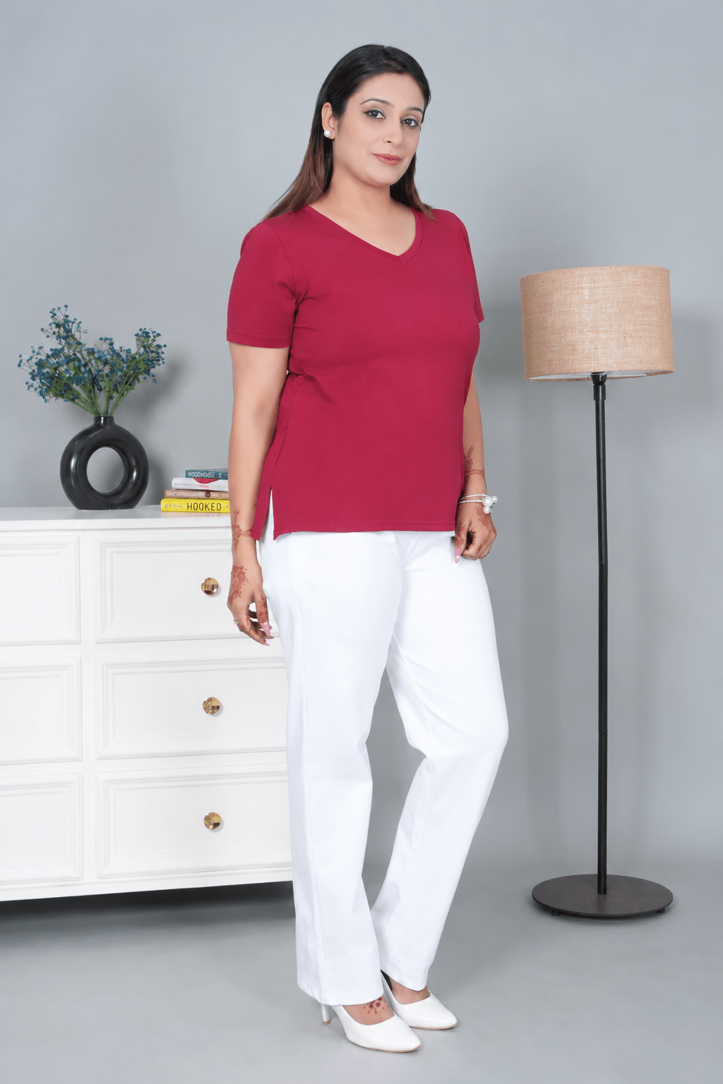 Wine V-neck half-sleeve cotton lycra t-shirt -Cotton half sleeve v neck t-shirt