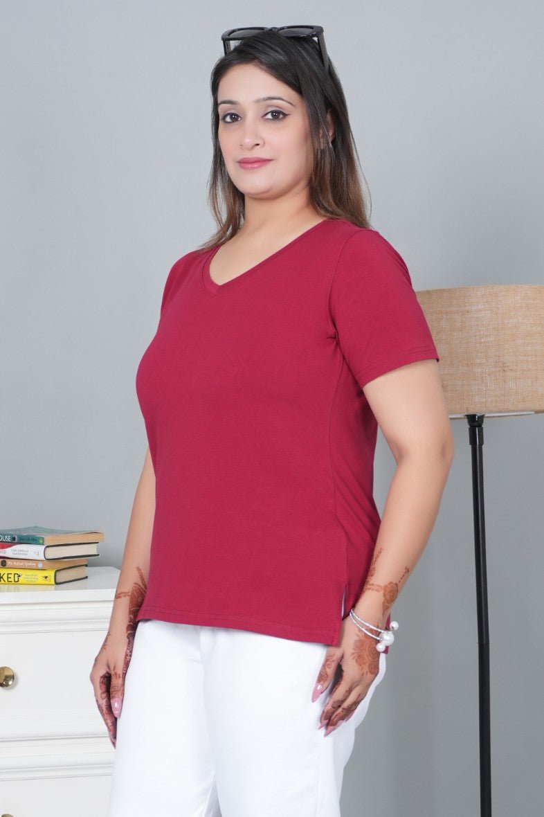 Wine V - neck half - sleeve cotton lycra t-shirt - Cotton half sleeve v neck t-shirt