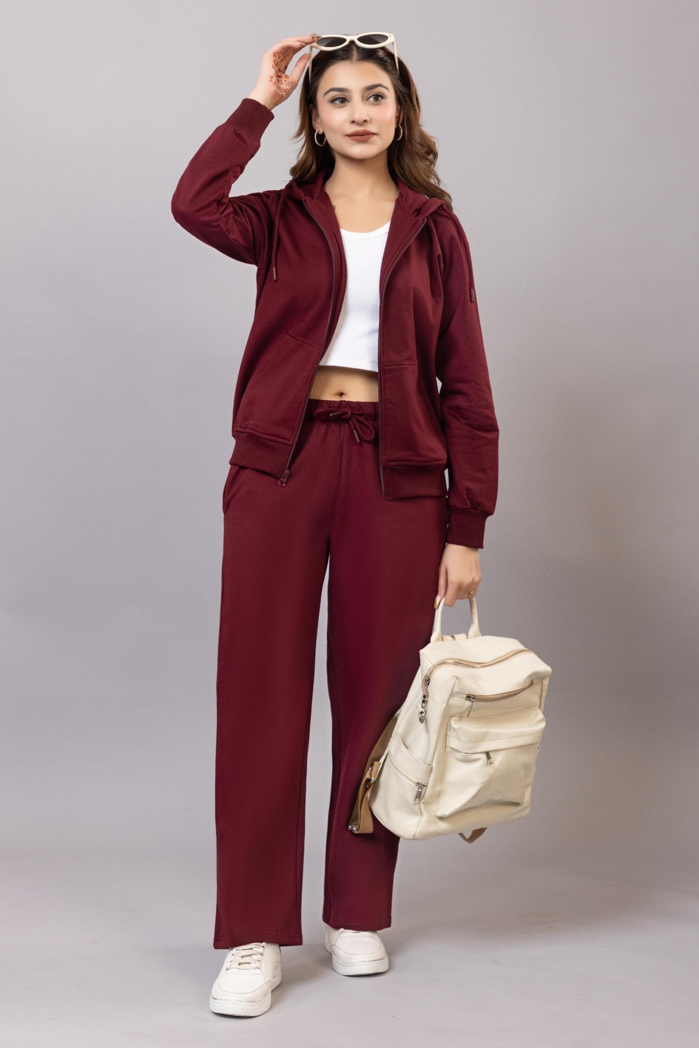 Wine winter warm flare pants with superior elastic belt. - Winter flare pant