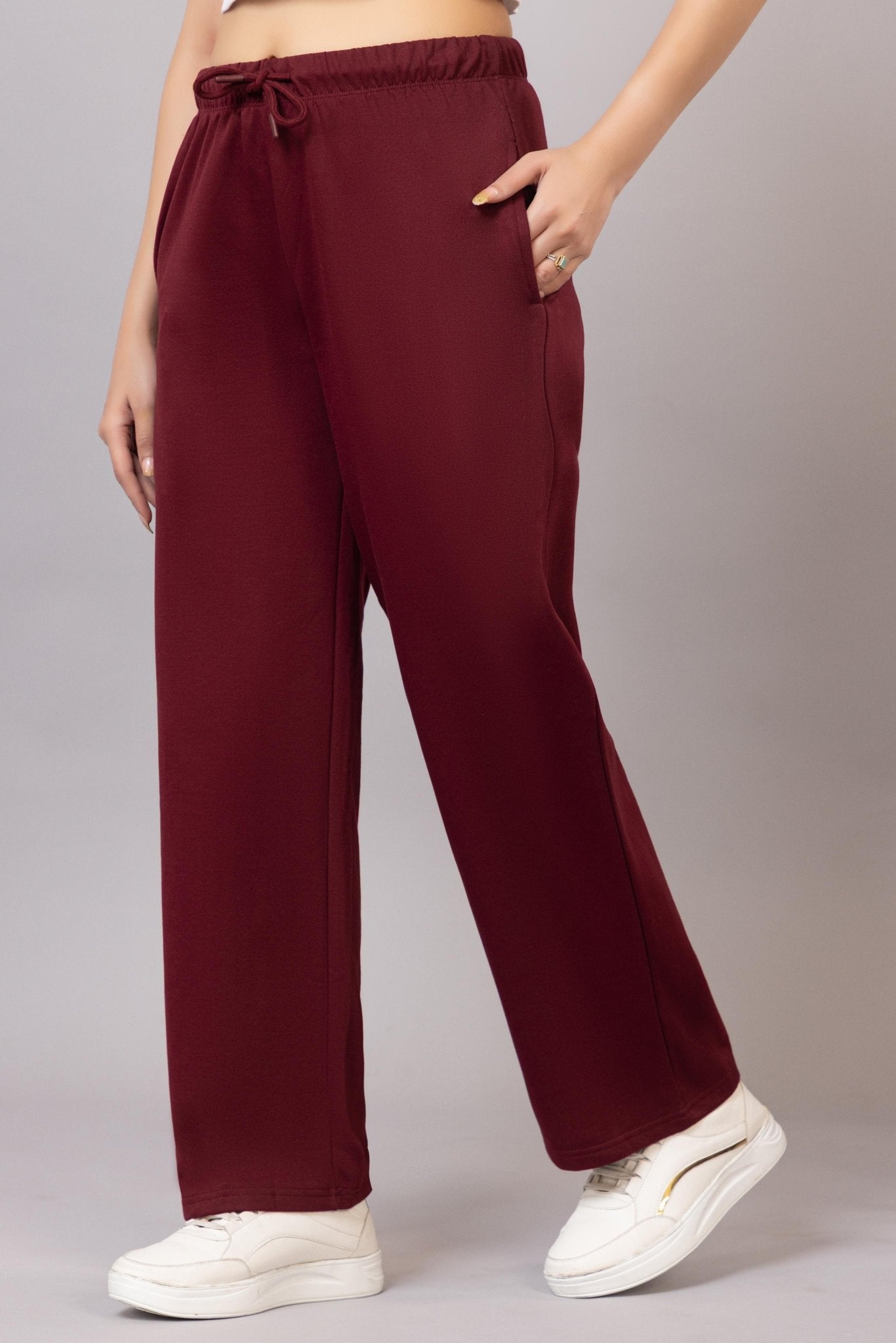 Wine winter warm flare pants with superior elastic belt. - Winter flare pant