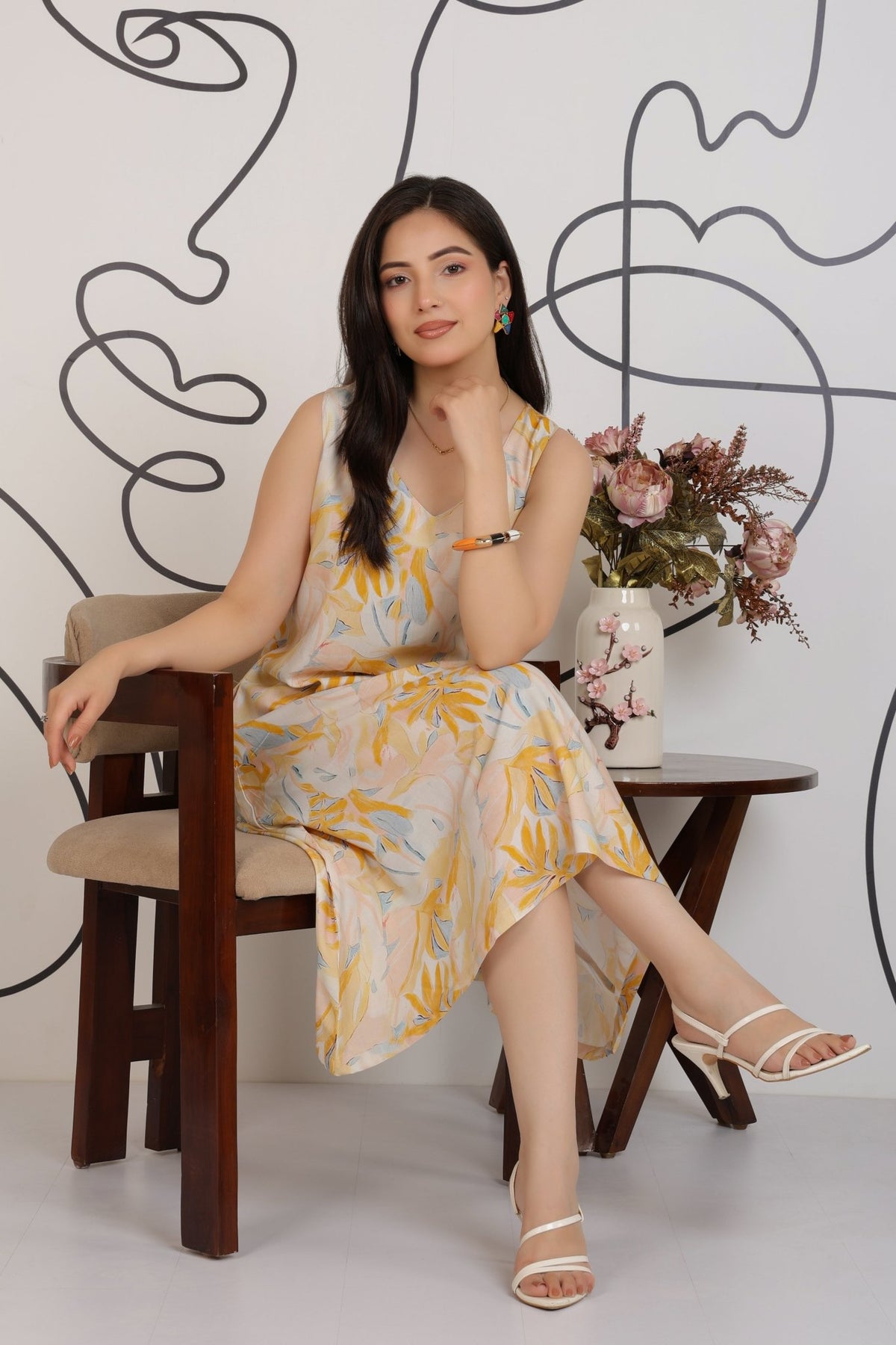 Yellow Cotton A Line Printed Dress [100% pure rayon] -Cotton midi dress