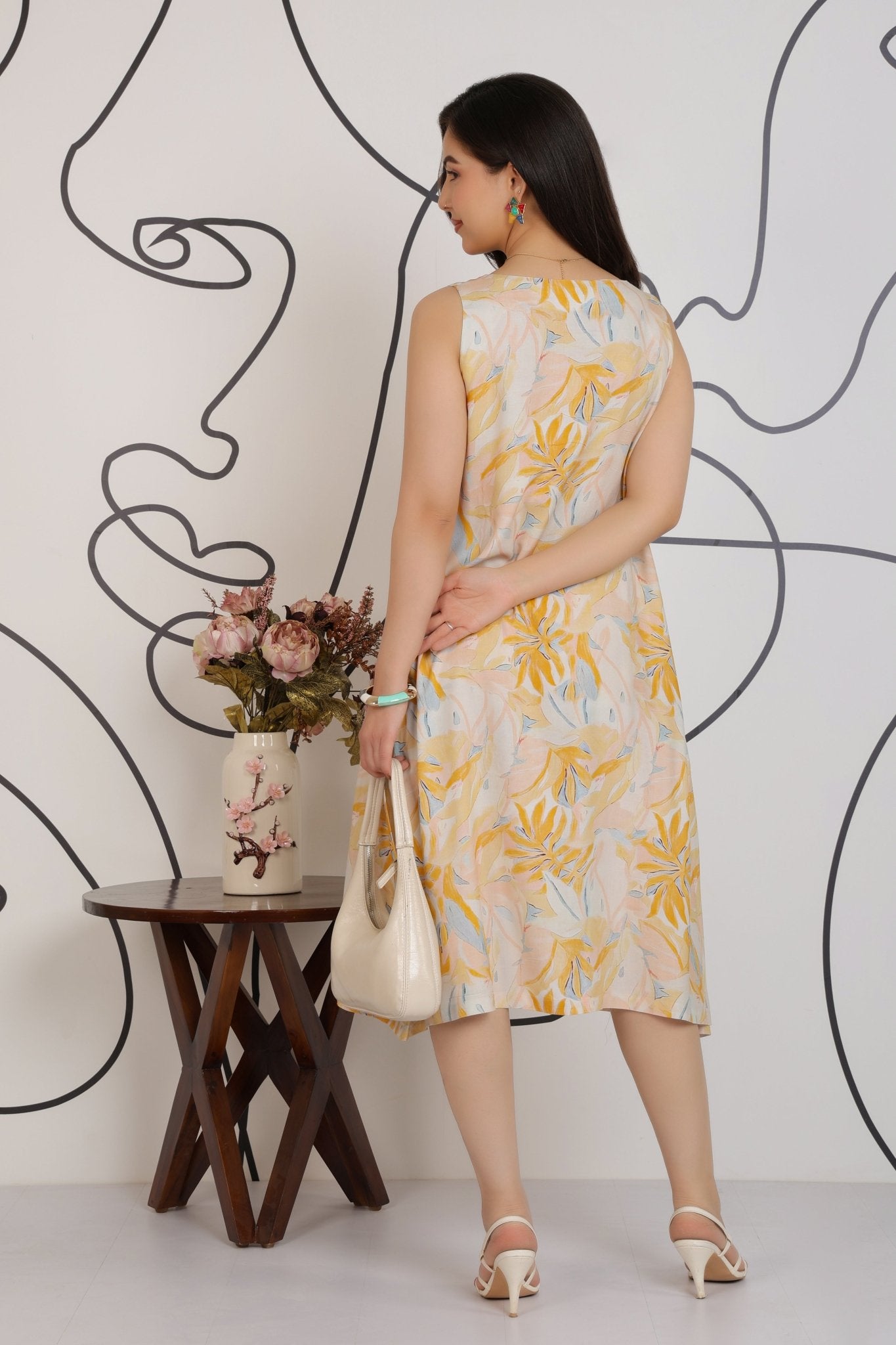 Yellow Cotton A Line Printed Dress [100% pure rayon] -Cotton midi dress