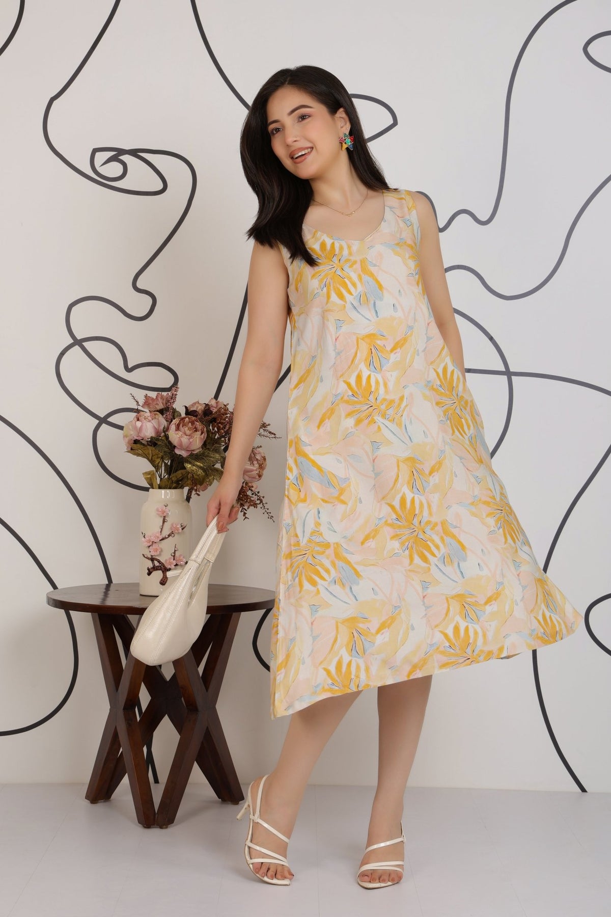 Yellow Cotton A Line Printed Dress [100% pure rayon] -Cotton midi dress