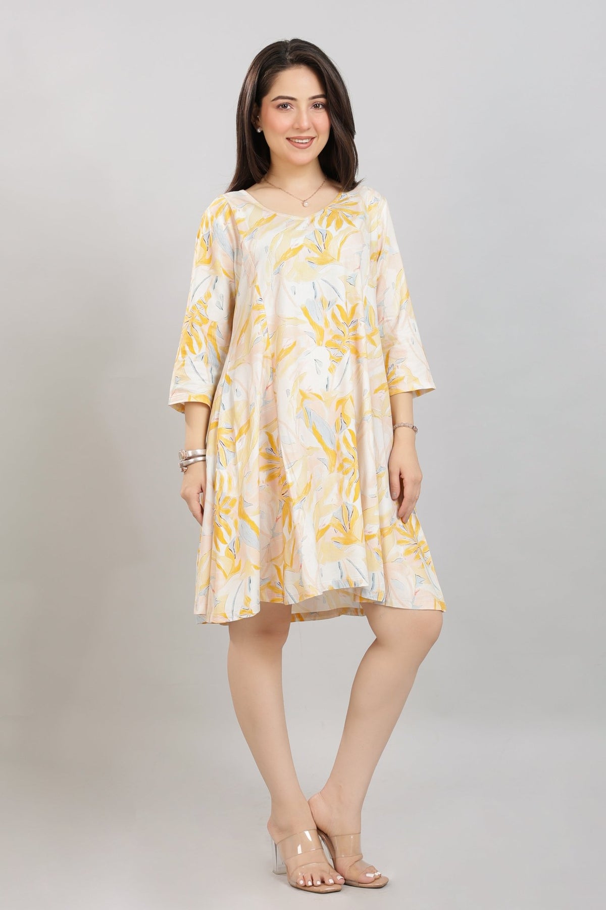 Yellow Floral Bliss Dress [100% pure rayon] -Cotton midi dress