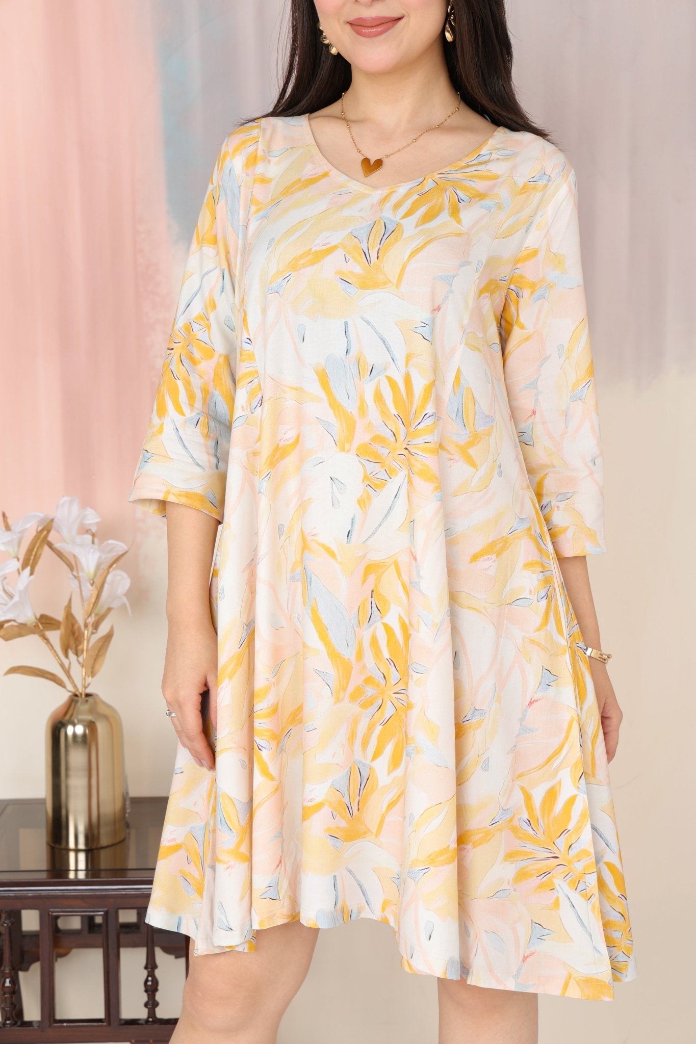 Yellow Floral Bliss Dress [100% pure rayon] -Cotton midi dress