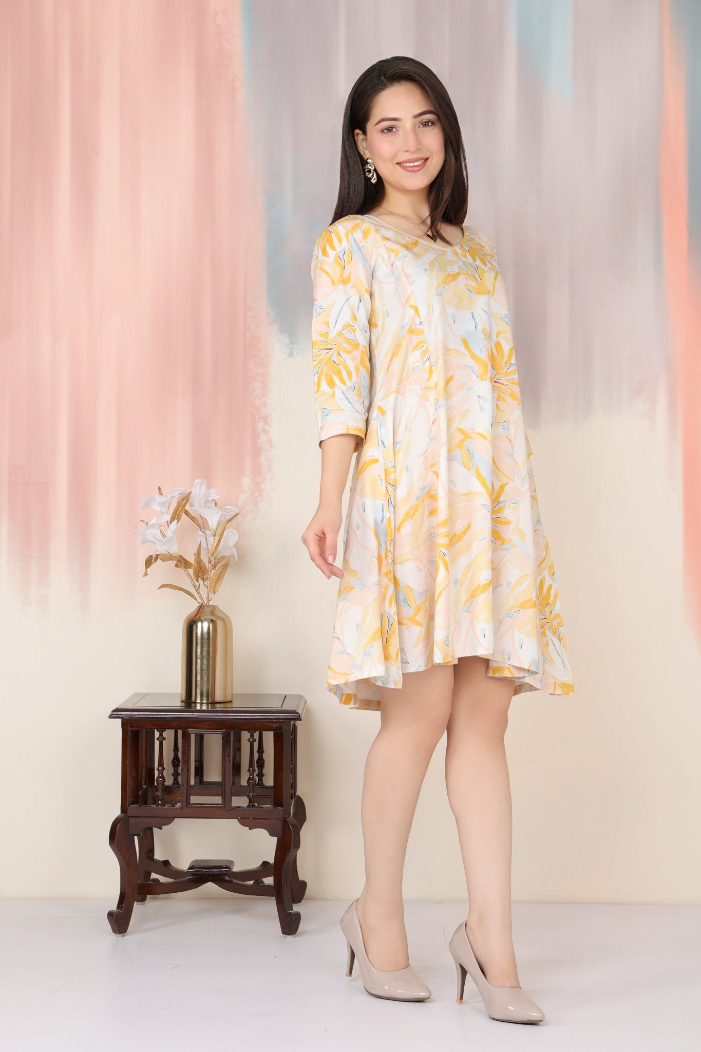Yellow Floral Bliss Dress [100% pure rayon] -Cotton midi dress