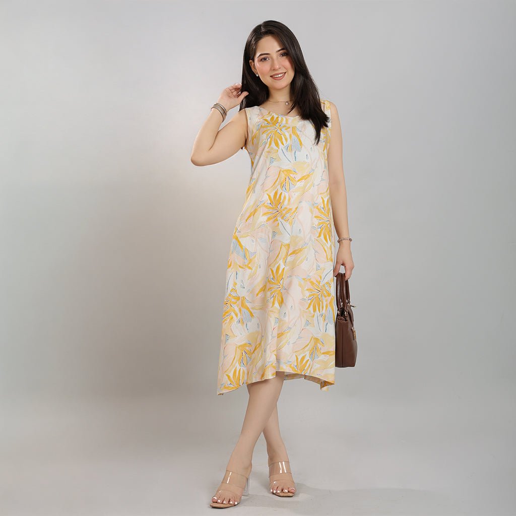 Yellow Rayon A Line Printed Dress [100% pure rayon] -Cotton midi dress