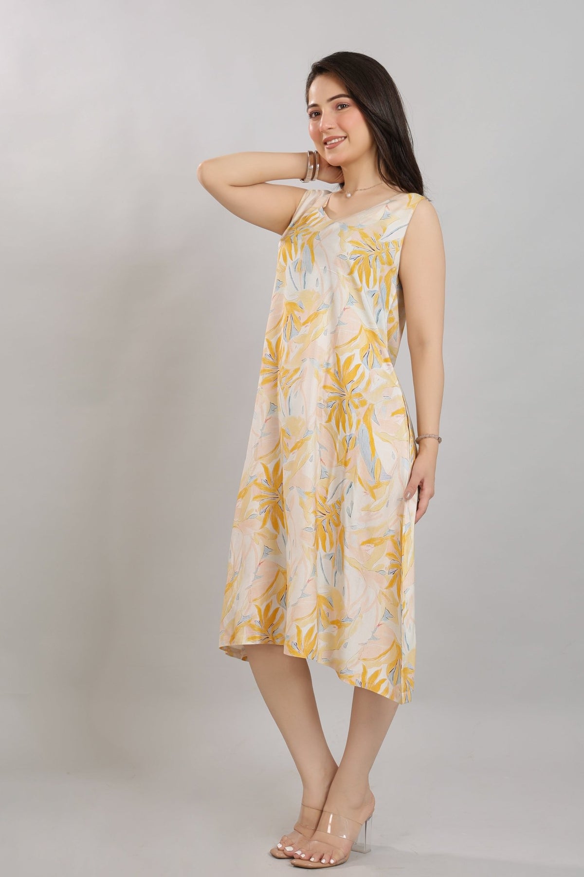Yellow Rayon A Line Printed Dress [100% pure rayon] -Cotton midi dress