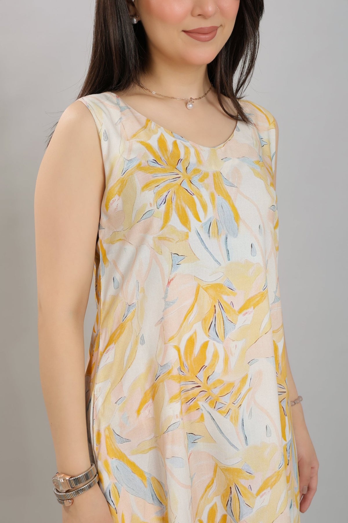 Yellow Rayon A Line Printed Dress [100% pure rayon] -Cotton midi dress