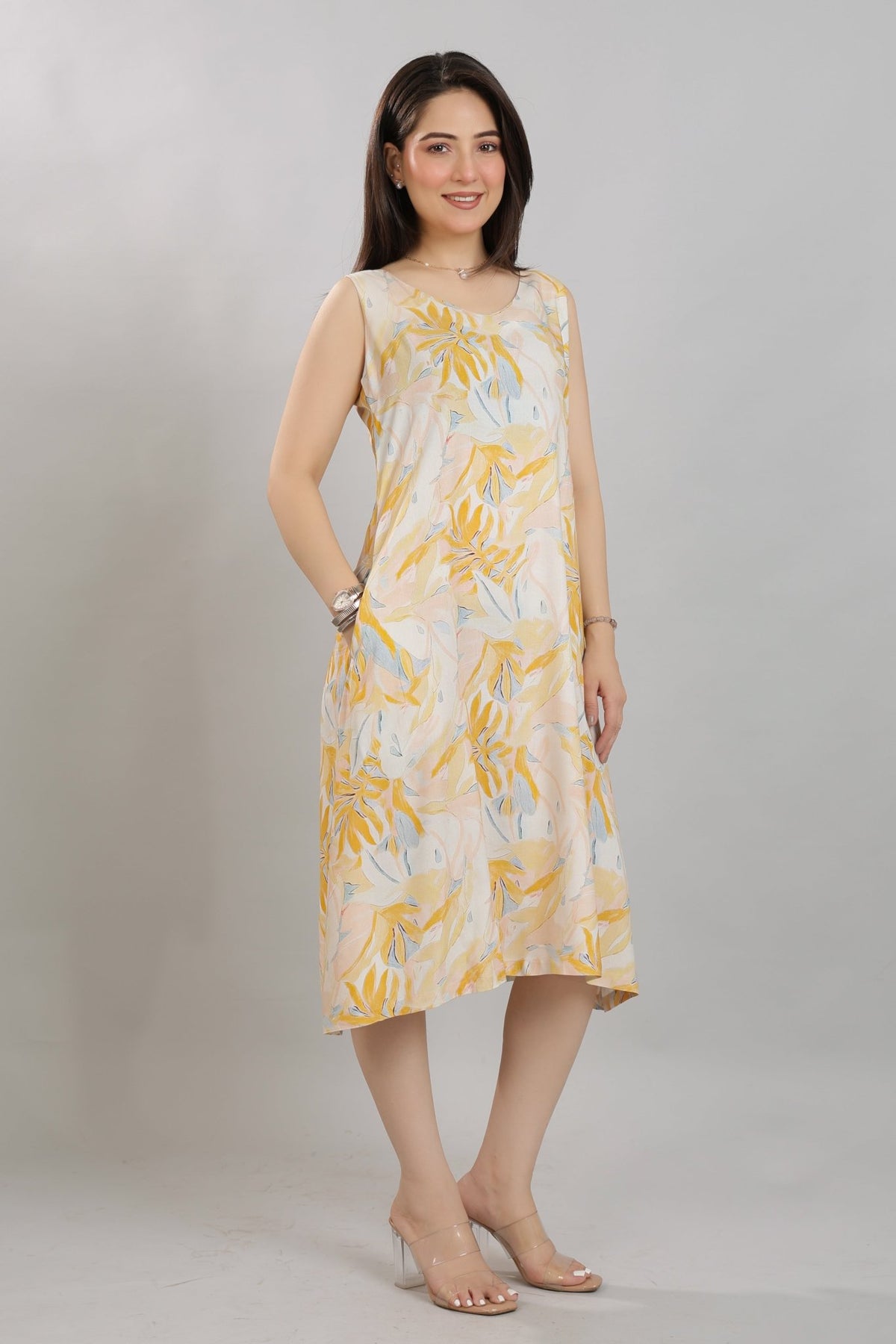 Yellow Rayon A Line Printed Dress [100% pure rayon] -Cotton midi dress