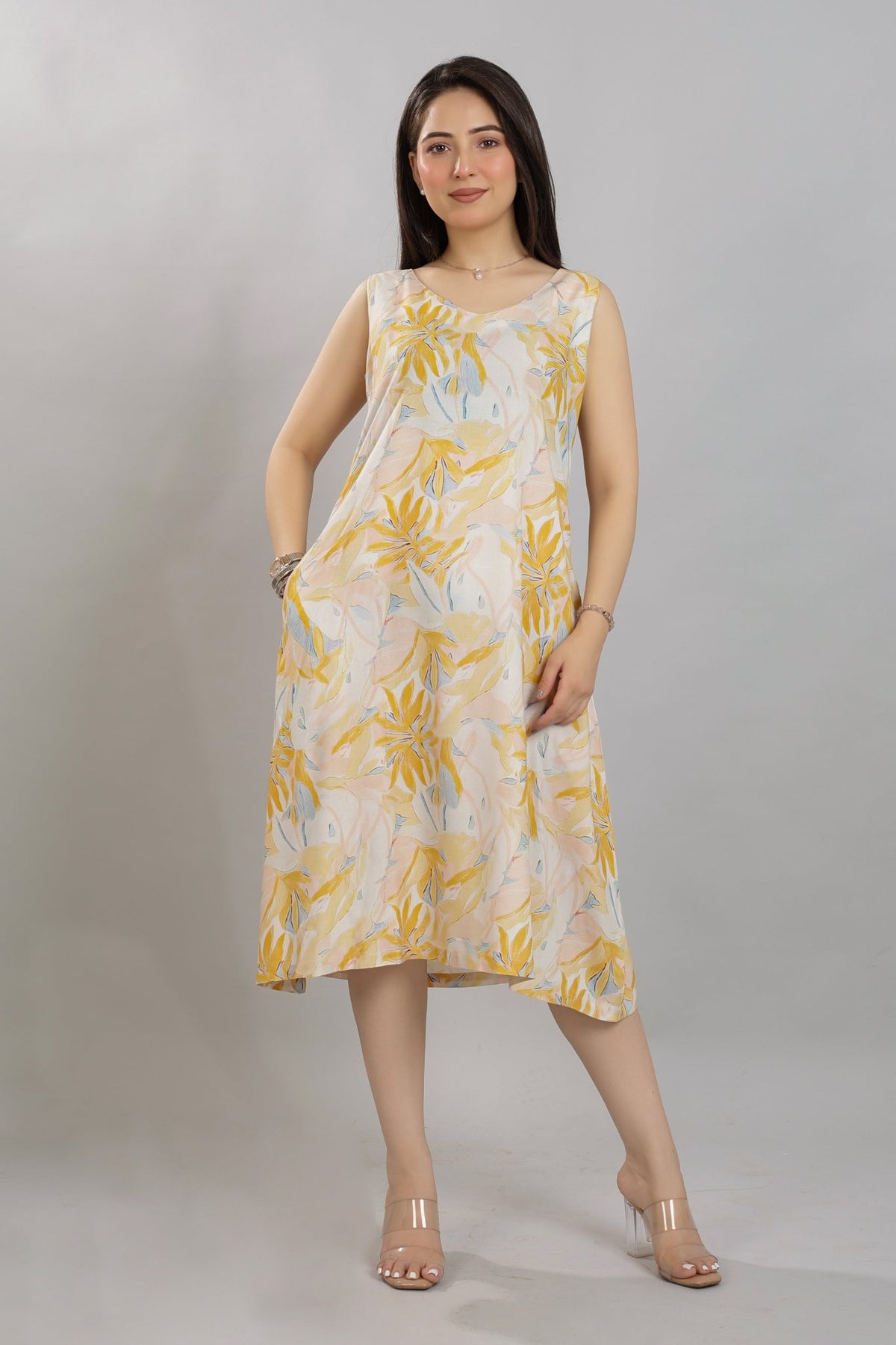Yellow Rayon A Line Printed Dress [100% pure rayon] -Cotton midi dress
