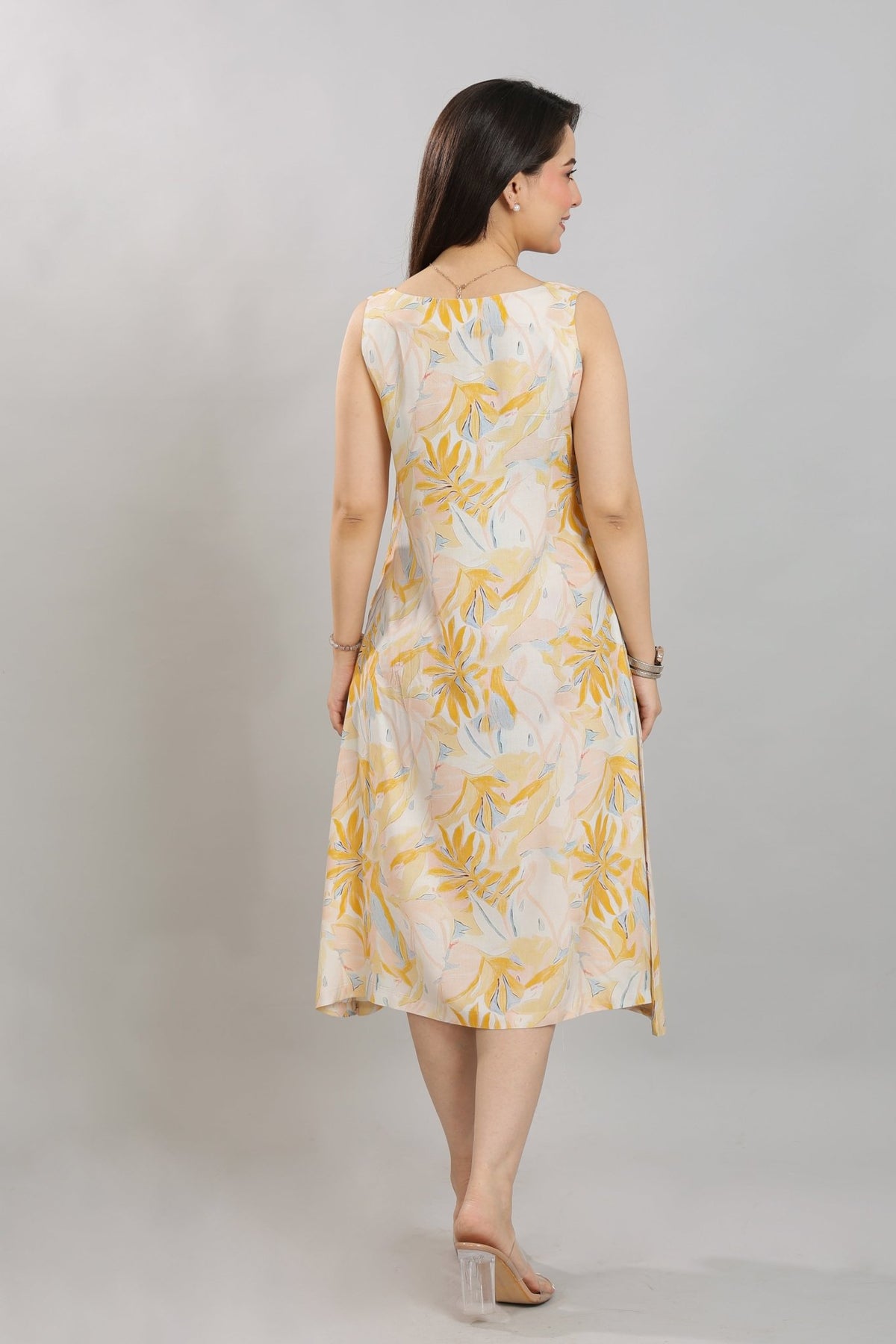 Yellow Rayon A Line Printed Dress [100% pure rayon] -Cotton midi dress