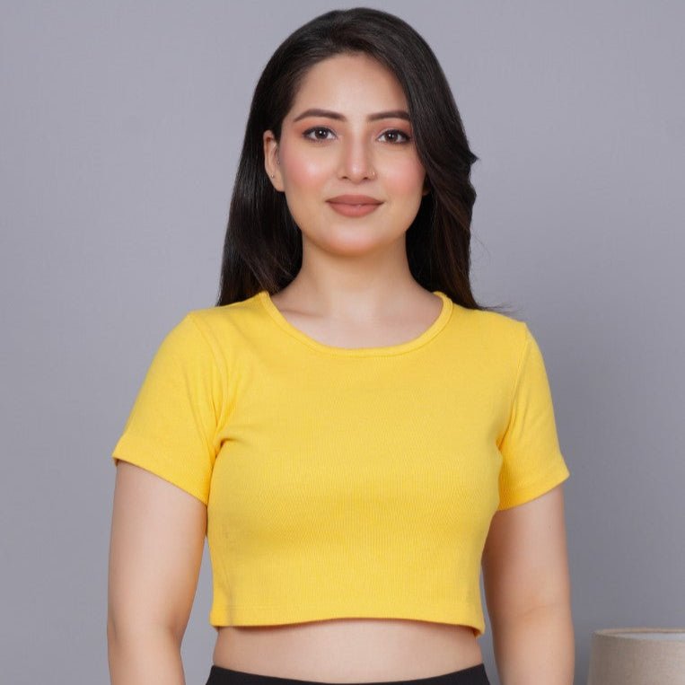 Yellow rib crop t shirt for women
