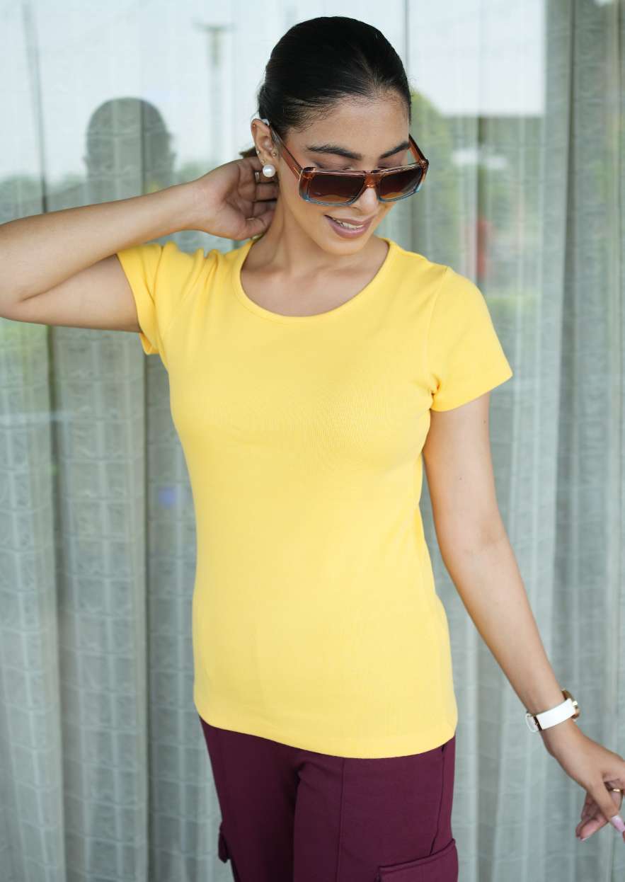 Yellow Rib T Shirt [ 100% Cotton, 280 GSM non transparent fabric ] - Rib t shirt