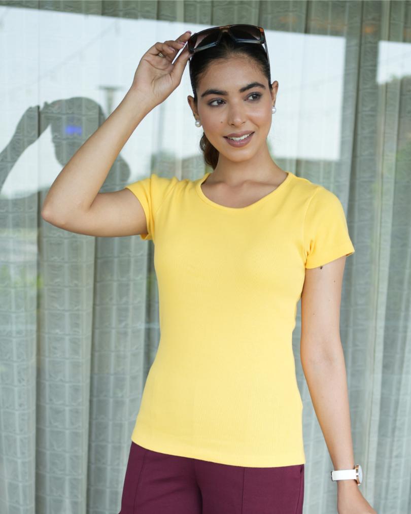 Yellow Rib T Shirt [ 100% Cotton, 280 GSM non transparent fabric ] - Rib t shirt