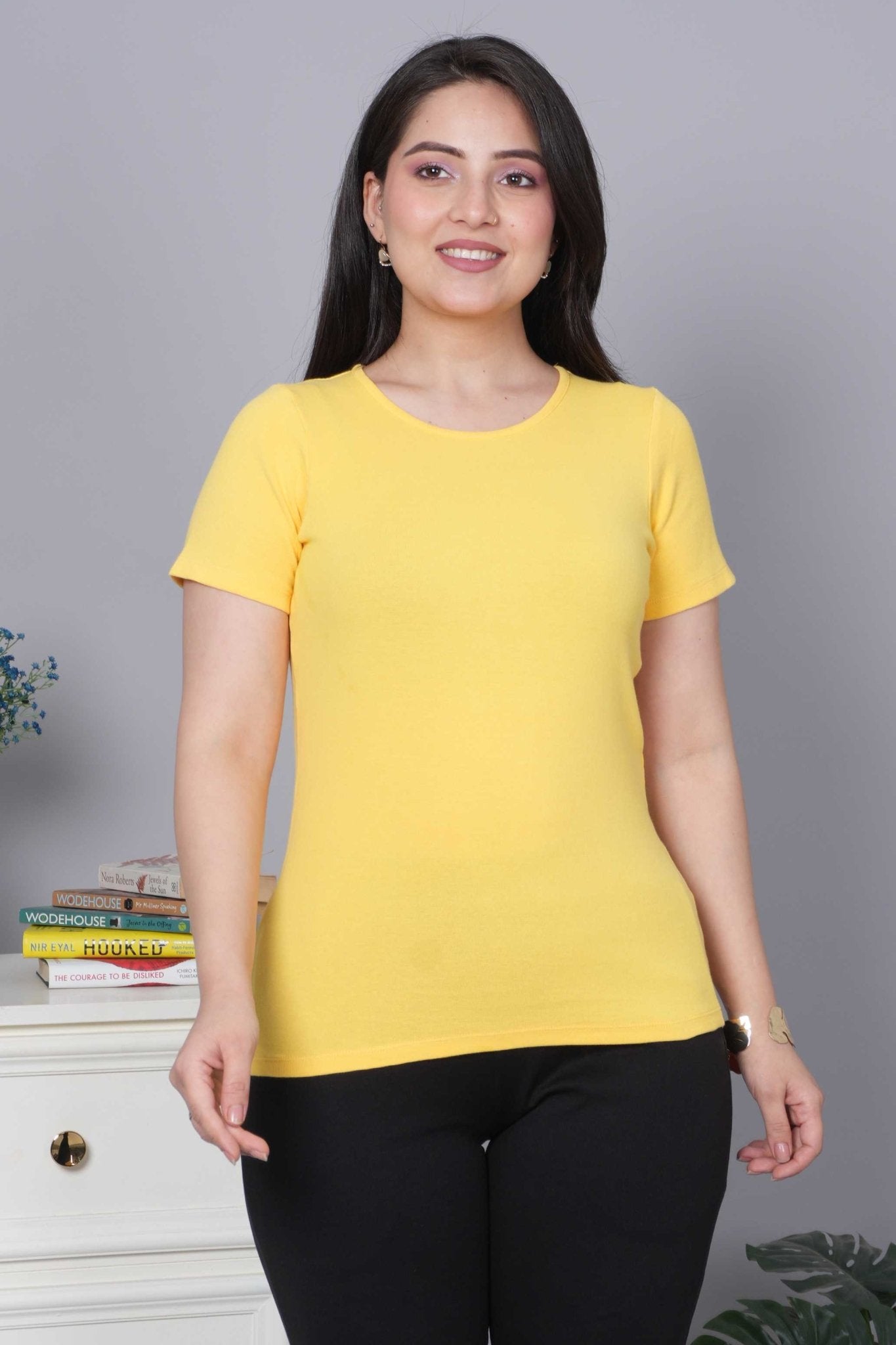 Yellow Stretchable Rib T Shirt [ 100% USA HQ Cotton, 280 GSM non transparent fabric ] - Rib t shirt