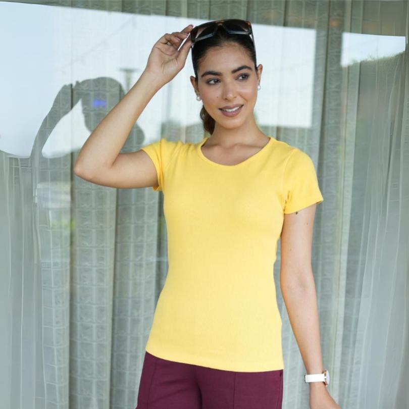 Yellow Stretchable Rib T Shirt [ 100% USA HQ Cotton, 280 GSM non transparent fabric ] - Rib t shirt