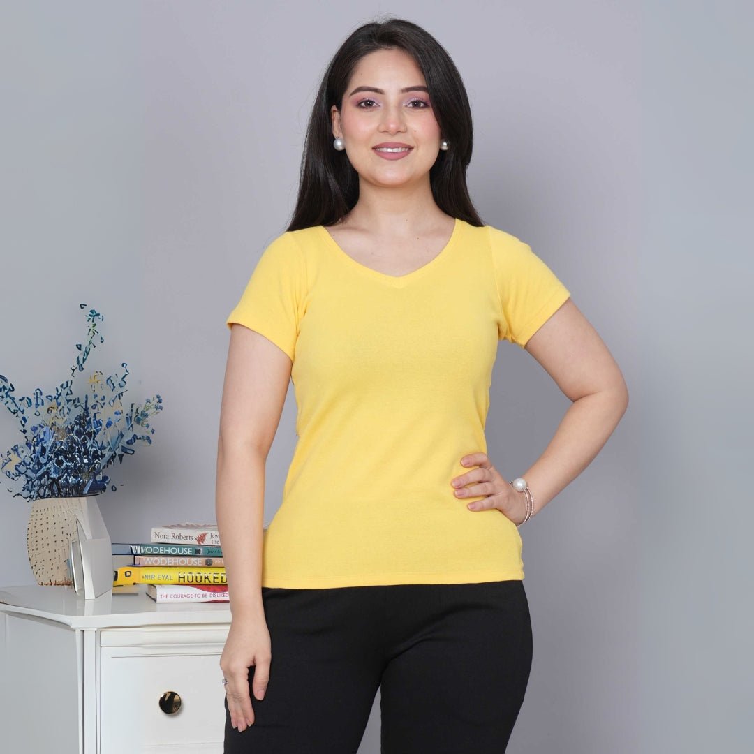 Yellow Stretchable V Neck Rib T Shirt [ 100% USA HQ Cotton, 280 GSM non transparent fabric ] - Rib v neck t shirt