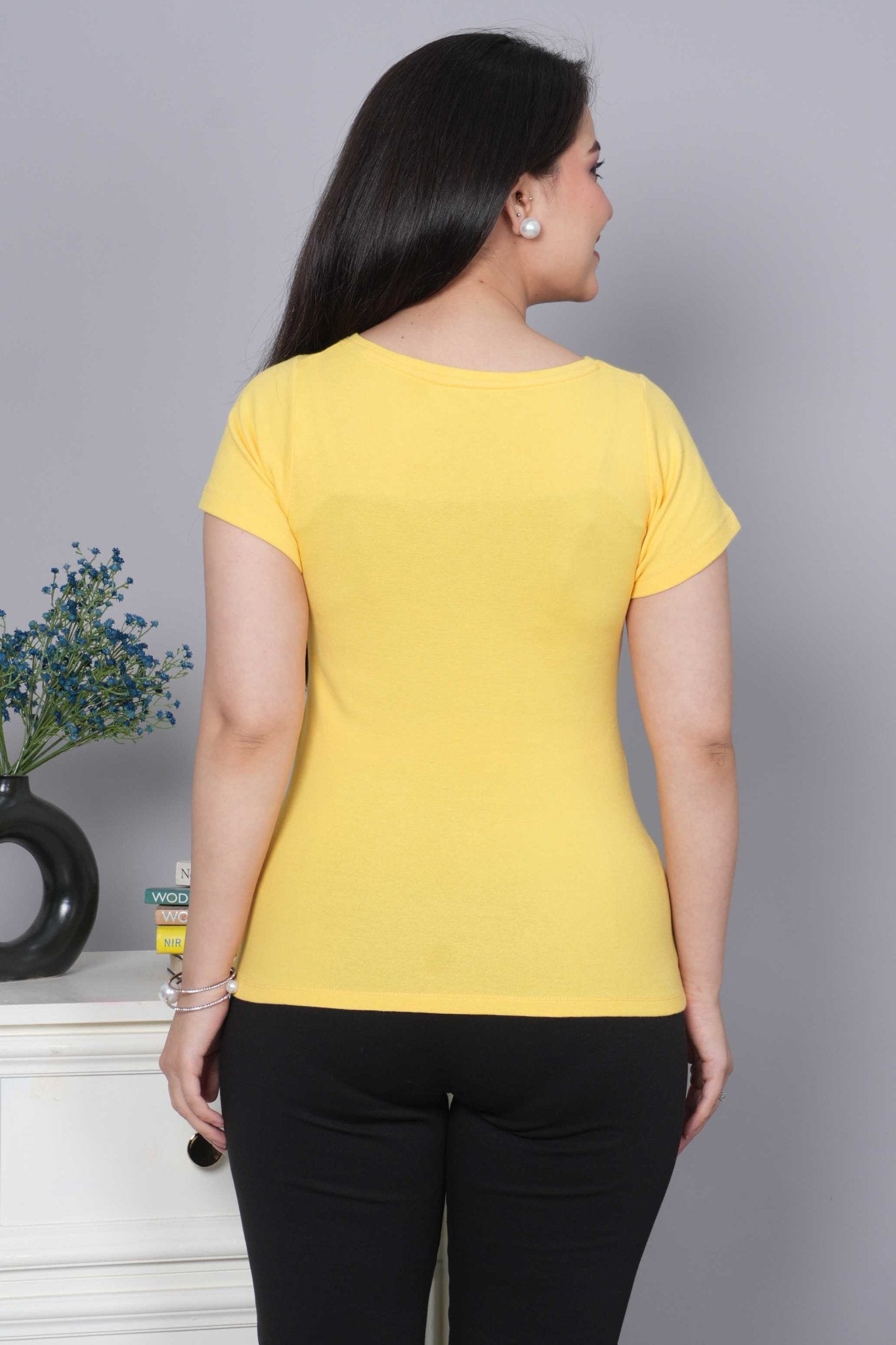 Yellow Stretchable V Neck Rib T Shirt [ 100% USA HQ Cotton, 280 GSM non transparent fabric ] - Rib v neck t shirt