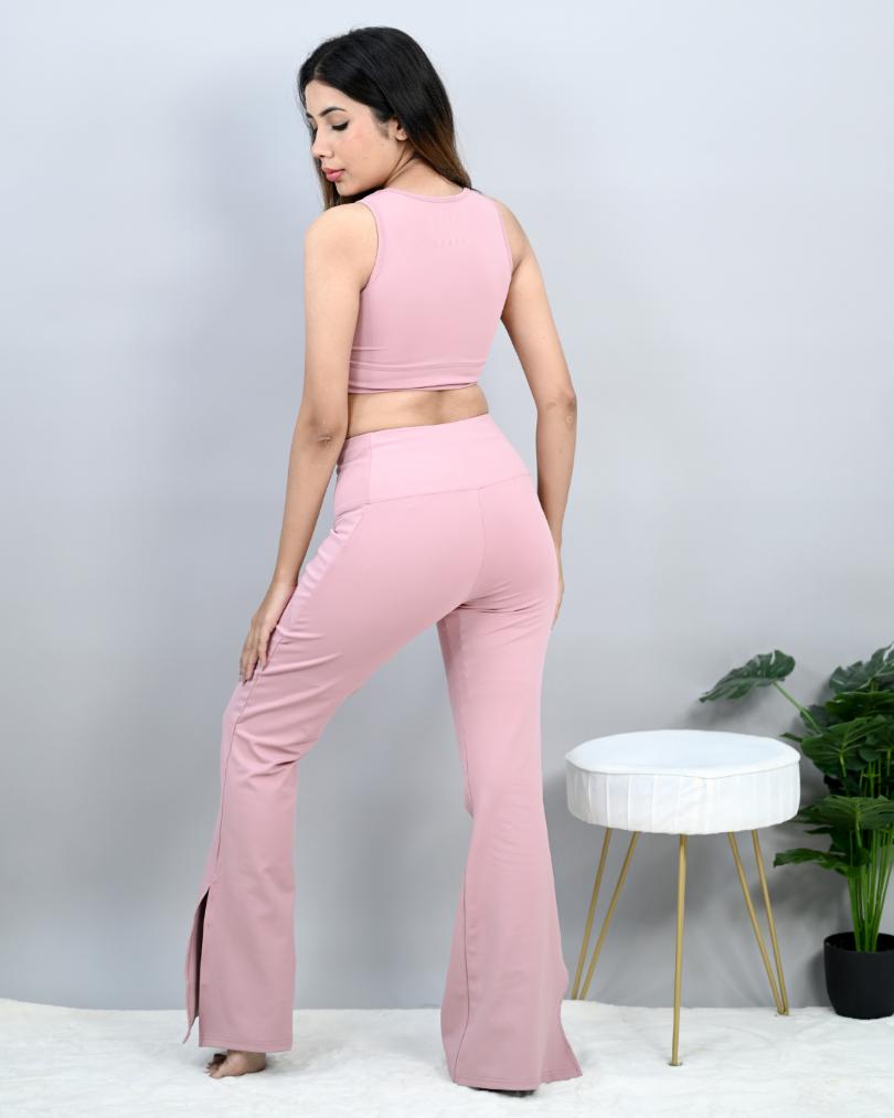 Light pink sports flare pants with slit for women, ankle length