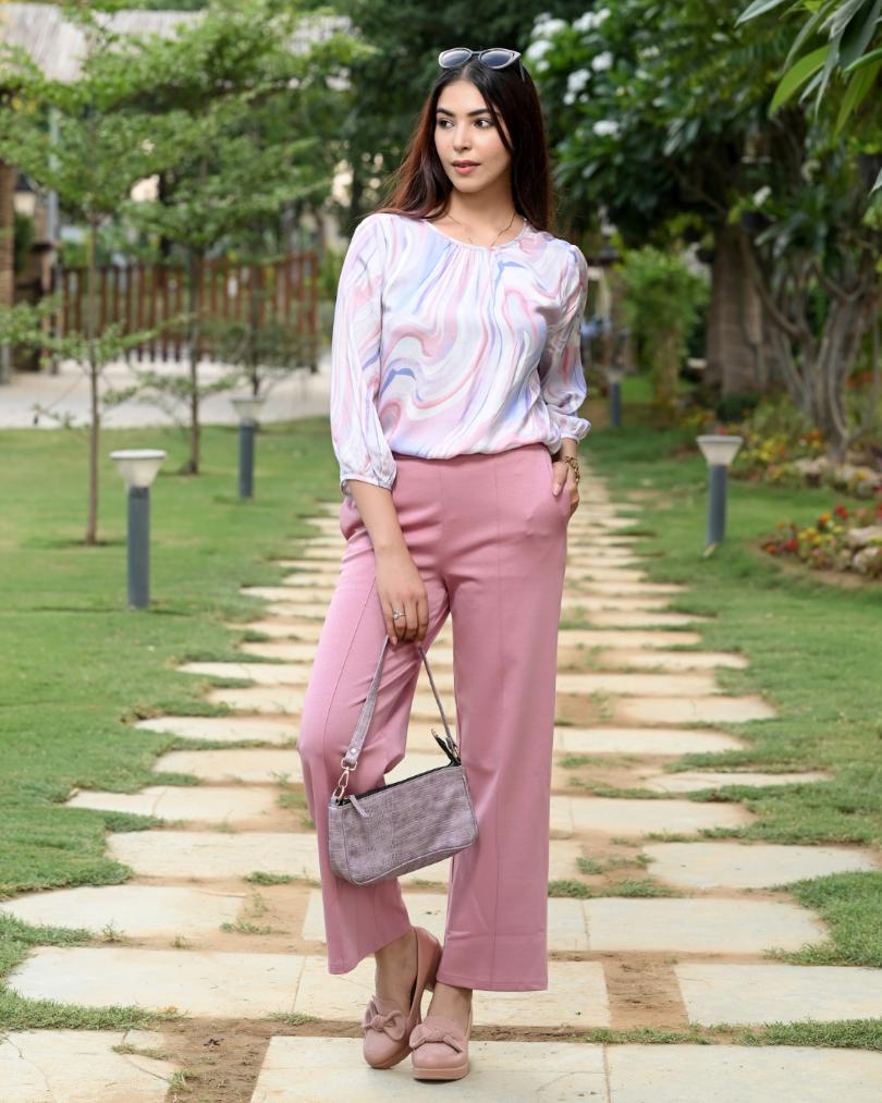 Pink extra flare fit pants & trousers for women casual and office wear.