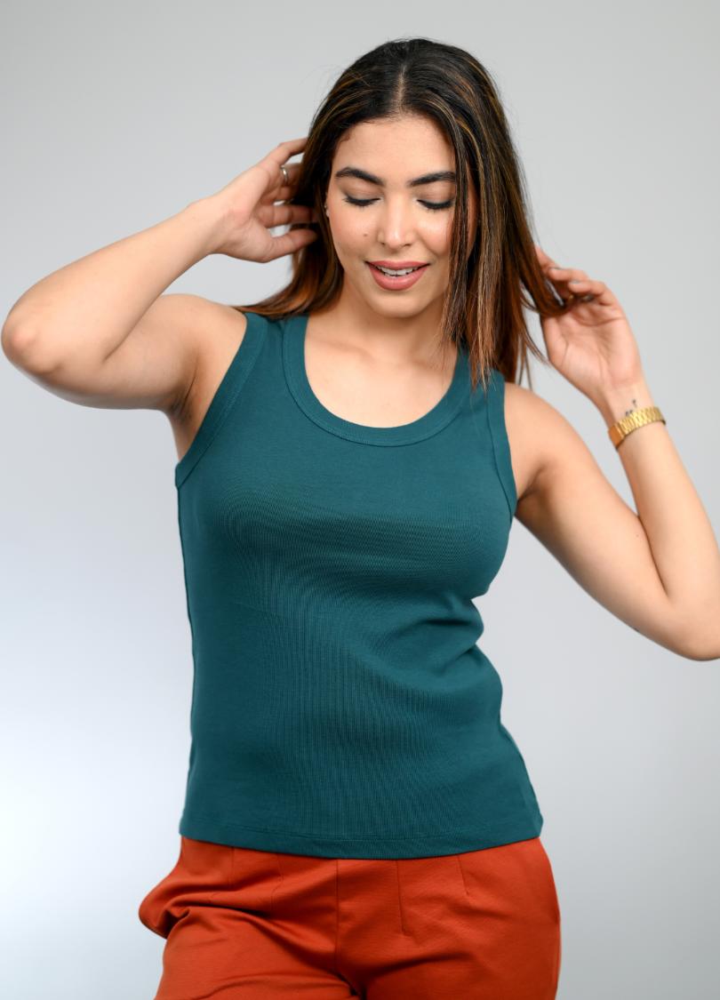 Teal Rib Top [ 100% Cotton, 220 GSM non transparent fabric ] -Rib tops