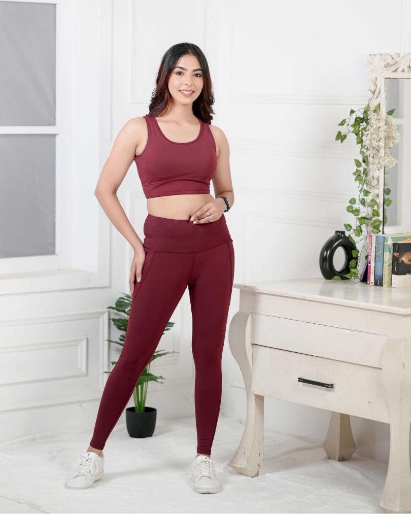 Wine gym leggings for women, ankle length sports pants, gym tights.