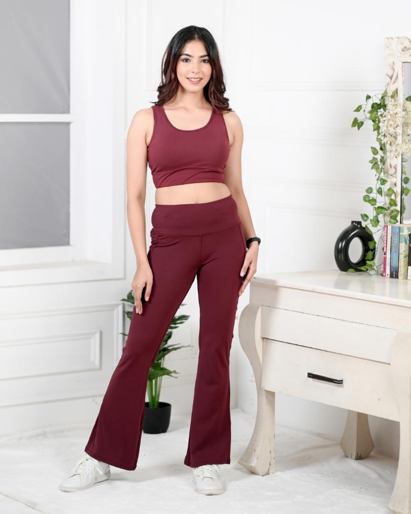 Wine Sports Bra & Flare Pants Set, Activewear Co-ord Sets for Women.