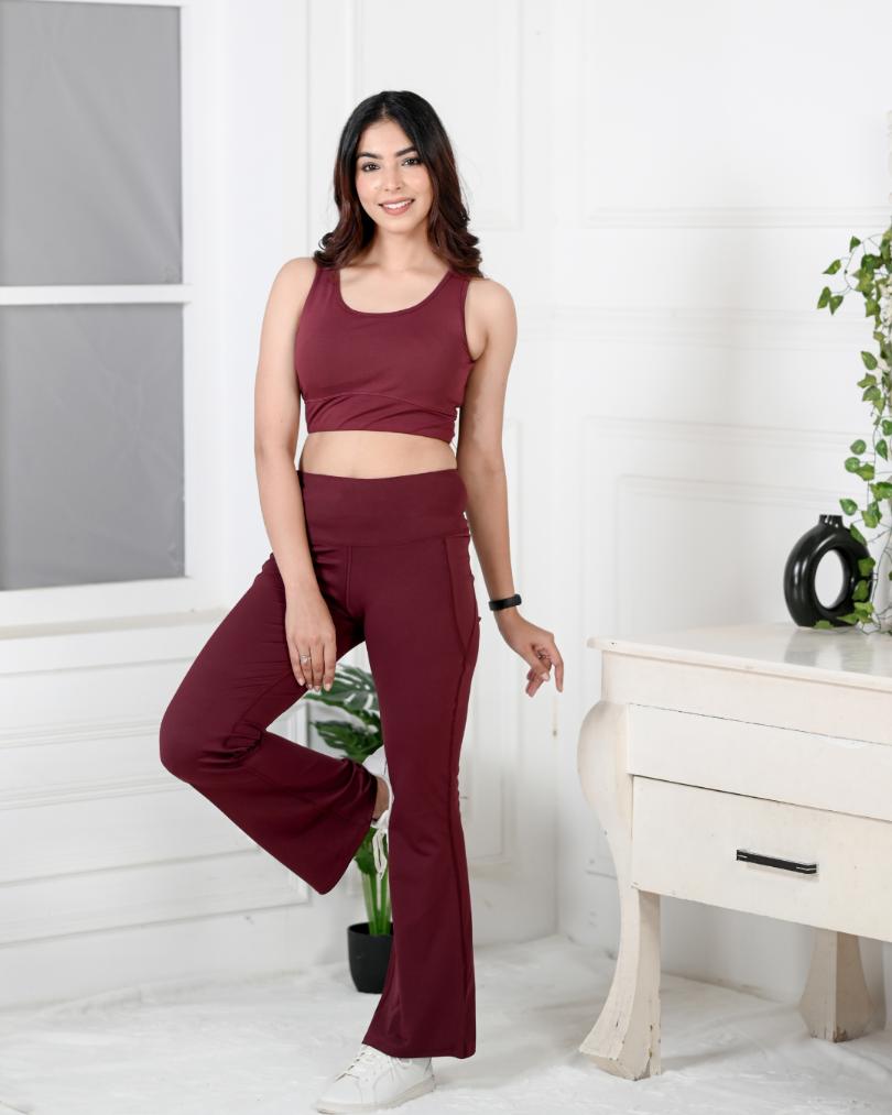 Wine gym coordinate set with Flare -Active gym coordinate set with flareXS